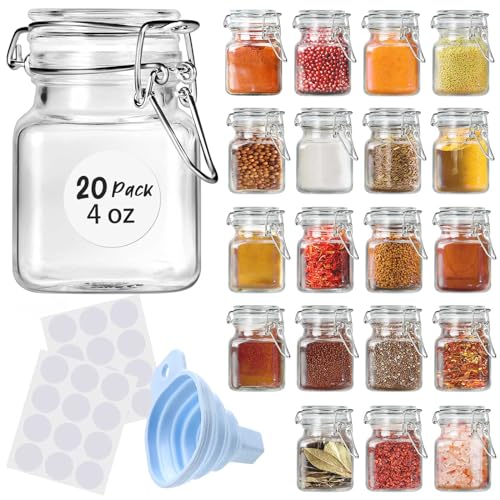 SKOCHE Spice Jars 20 Pack Small 4 oz Glass Jars Spice Jars Herb Jars | Spice Herb Jars with Airtight Hinged Lids, 4oz Glass Jars with Labels and Silicone Funnels Ideal for Spice Herbs - size: Small