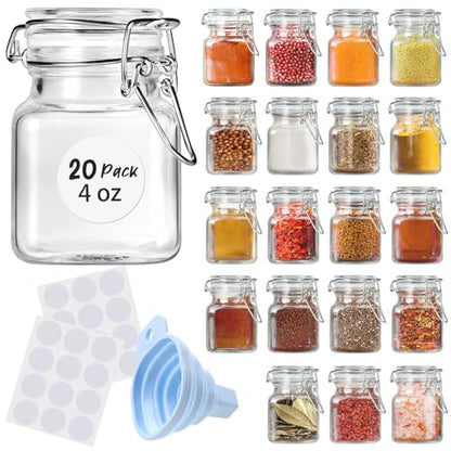 SKOCHE Spice Jars 20 Pack Small 4 oz Glass Jars Spice Jars Herb Jars | Spice Herb Jars with Airtight Hinged Lids, 4oz Glass Jars with Labels and Silicone Funnels Ideal for Spice Herbs - size: Small