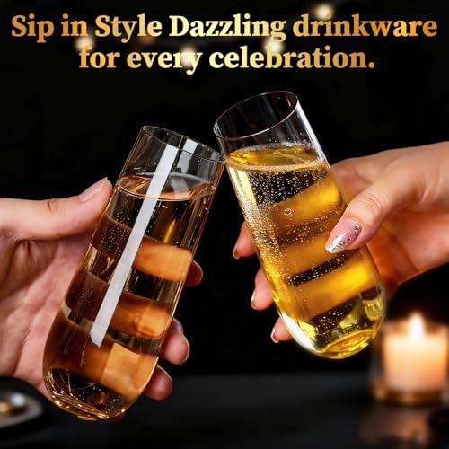 Guanqiao 12 Pack Stemless Plastic Champagne Flutes, 9 oz Clear Disposable Plastic Glasses, Heavy Duty Shatterproof Recyclable Mimosa Glasses for Party Wine Tasting Wedding New Years Eve Party Supplies - color: Clear, size: 12-Pack