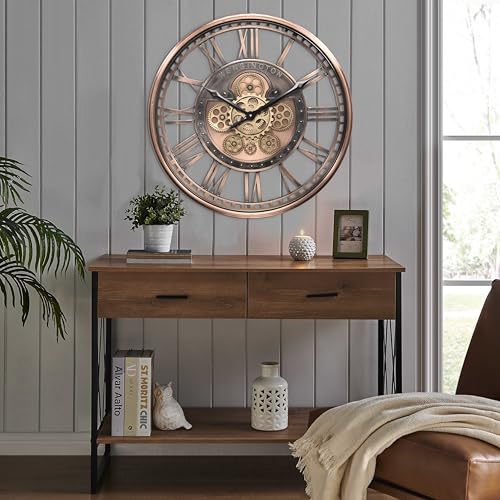 21" Metal Roman Numeral Wall Clock with Moving Gears,Copper | SIilent Non Ticking, Aluminum Dial, Unique Modern Wall Clock for Living Room, Dinning Room, Entryway & Home Office - color: Roman Copper, size: 21"