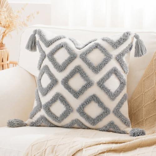 PANOD Soft Chenille Tufted Farmhouse Pillow Covers 20x20 Inches Neutral Accent Striped Textured Decorative Pillow for Bed Couch Sofa Livingroom Bedroom Home Decor Tassel Gray - color: 2-grey, size: 20" x 20" (Pack of 1)