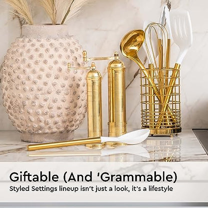 Styled Settings White and Gold Kitchen Utensils Set with Holder, 7-Piece | Silicone Cooking Tools with Gold Utensil Holder - Luxury Kitchen Accessories for Stylish Cooking and Serving - color: 7 Piece White & Gold