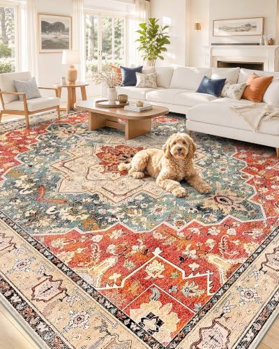 OLANLY 8x10 Washable Area Rug, Soft Non Slip Carpet for Bedroom Living Room | Brick Red Boho Vintage Floral Medallion Farmhouse Rug, Spill & Stain Resistant Low Pile, for Family Room Under Dining Table - color: Brick Red, size: 8' x 10' (Rectangular)