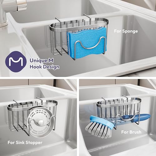 SWTYMIKI Sponge Holder for Kitchen Sink - Movable Kitchen Caddy with M Shape Hook, Stainless Steel Hanging Sponge Caddy for Sponges, Brush, Stopper Organizer in Double Bowl Sink, Silver - color: Silver-regular