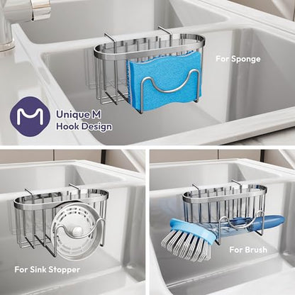 SWTYMIKI Sponge Holder for Kitchen Sink - Movable Kitchen Caddy with M Shape Hook, Stainless Steel Hanging Sponge Caddy for Sponges, Brush, Stopper Organizer in Double Bowl Sink, Silver - color: Silver-regular