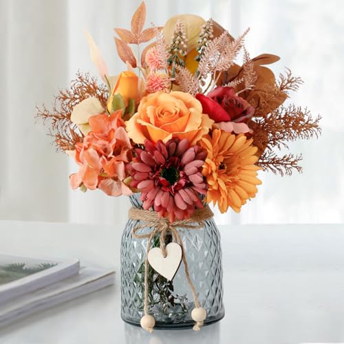 Fake Fall Flowers in Vase,Fall Silk Flower Arrangements,Fall Centerpieces for Tables,Faux Flowers for Vase,Artificial Flowers for Autumn Decor,Home Decor Living Room - color: Fall Red Yellow