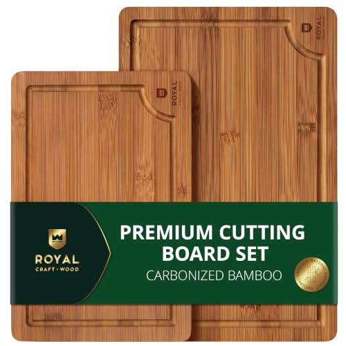 ROYAL CRAFT WOOD Wooden Cutting Boards for Kitchen Meal Prep & Serving - Bamboo Non Toxic Cutting Board Set with Deep Juice Groove Side Handles - Charcuterie & Chopping Butcher Block for Meat (2 Pcs) - color: Brown, size: 2-Piece