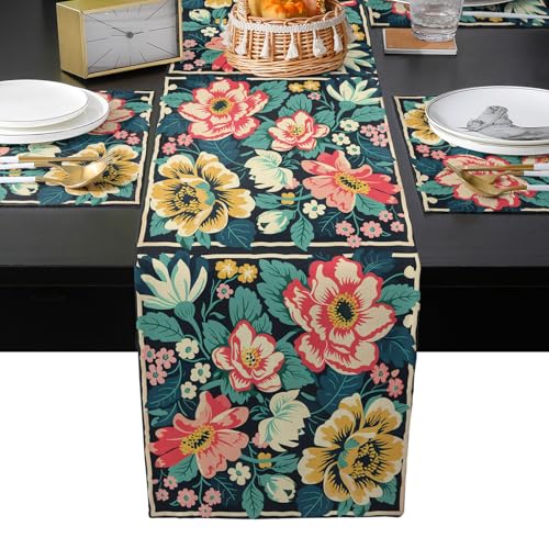 Table Runner and Placemats Set of 6 Flowers Leaf Decorative Dining Table Runner with Matching Placemats Vintage Floral Table Decor for Kitchen Dining Room and Everyday Use 13x70in - size: 13"x70"+6pcs
