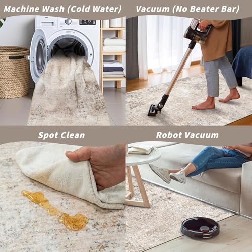 2x5 Washable Kitchen Rug Runner – Non-Slip Abstract Modern Neutral Small Rug for Bathroom, Hallway, Bedroom, Laundry Room, Entryway – Soft Low-Pile Thin with Rubber Backing (Beige Grey, 2x5) - color: Beige Grey, size: 2' x 5' (Rectangular)