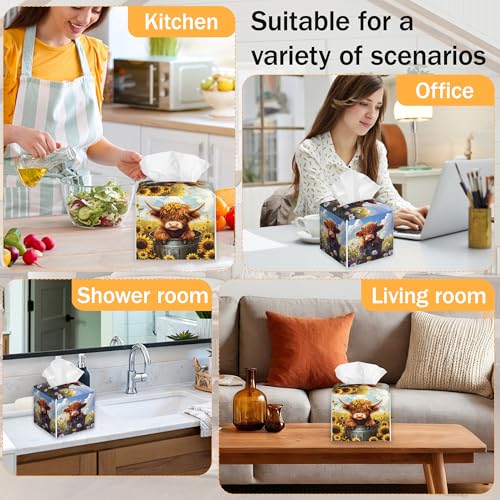 Flower Highland Cow 2 Pcs Tissue Box Cover Square, Spring Summer Tissue Box Holder Waterproof Leather Facial Paper Organizer Dispenser for Bathroom Home Car Nightstand - color: Flower Highland Cow