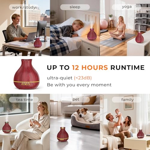Aromatherapy Essential Oil Diffuser 550ml 12 Hours Wood Grain Aroma Diffuser with Timer Cool Mist Humidifier for Large Room, Home, Baby Bedroom, Waterless Auto Shut-off,7 Colors Lights Changing - color: Rosewood