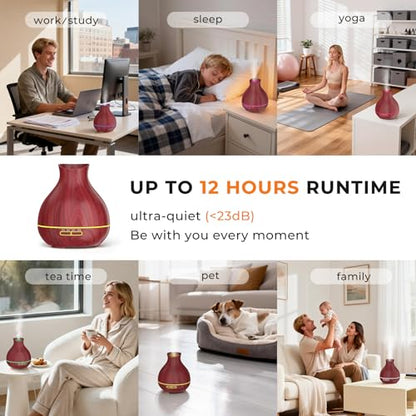 Aromatherapy Essential Oil Diffuser 550ml 12 Hours Wood Grain Aroma Diffuser with Timer Cool Mist Humidifier for Large Room, Home, Baby Bedroom, Waterless Auto Shut-off,7 Colors Lights Changing - color: Rosewood