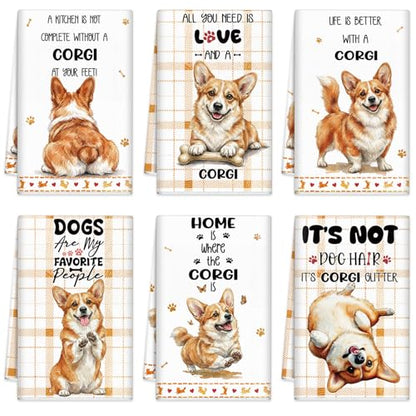 Redbaker 6 Pcs Funny Corgi Kitchen Towels Gifts for Corgi Lovers Dish Towel Yellow White Dog Kitchen Hand Decorative Tea Dishcloth with Hanging Loop for Dog Owners Bathroom Home Housewarming Gift - style: Corgi