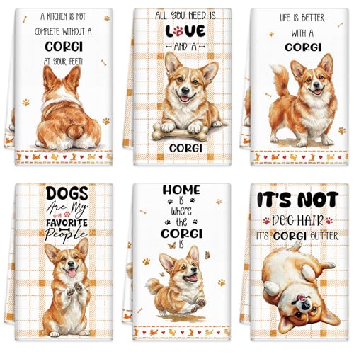 Redbaker 6 Pcs Funny Corgi Kitchen Towels Gifts for Corgi Lovers Dish Towel Yellow White Dog Kitchen Hand Decorative Tea Dishcloth with Hanging Loop for Dog Owners Bathroom Home Housewarming Gift - style: Corgi