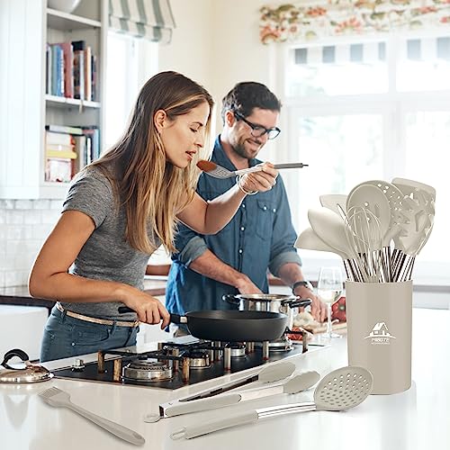 MIBOTE Silicone Kitchen Cooking Utensils Set, Steel Handle, Khaki | Heat Resistant, BPA-Free Silicone Kitchen Tools Set with Stainless Steel Handle – Durable, Non-Toxic Cooking Utensils Set - color: 3-Khaki