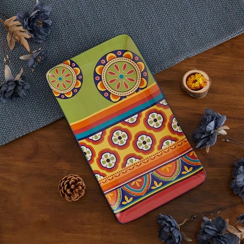 Bico Tunisian Ceramic 14 inch Rectangular Serving Platter, Set of 2, for Serving Salad, Pasta, Cheese, Ham, Appetizer, Microwave & Dishwasher Safe - style: Tunisian
