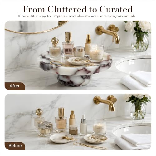 Marble Pedestal Tray, One-of-a-Kind Marble Veining, Decorative Display Riser for Coffee Table, Bathroom Vanity & Kitchen Counter, Stand for Candles, Perfume & Jewelry, Timeless Luxury