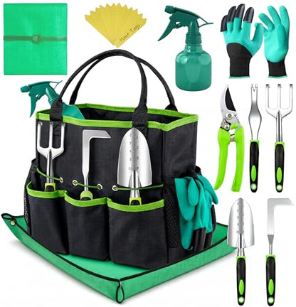 Heavy Duty Gardening Tools - Gardening Gifts for Women, Men, Mom, Dad - Durable, Ergonomic Garden Tools Set (Green with Potting Mat) - style: Standard (Potting Mat Included)