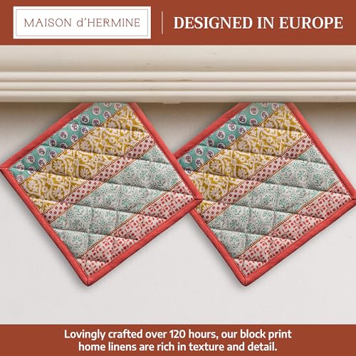 Maison d' Hermine Pot Holders 100% Cotton Potholders (8" x 8", Pack of 2) | Heat Resistant Hot Pads with Loop BBQ Cooking Baking Farmhouse Kitchen Handling Hot Pans Spring Summer - Provence - color: 002 - Provence, size: 8" x 8" (Pot Holder Pack of 2)