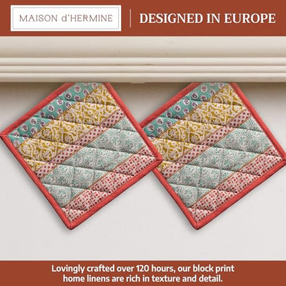 Maison d' Hermine Pot Holders 100% Cotton Potholders (8" x 8", Pack of 2) | Heat Resistant Hot Pads with Loop BBQ Cooking Baking Farmhouse Kitchen Handling Hot Pans Spring Summer - Provence - color: 002 - Provence, size: 8" x 8" (Pot Holder Pack of 2)