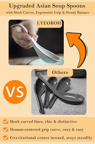 LYEOBOH Ceramic Asian Soup Spoons Set of 6, Ramen Spoons with Long Handle | Japanese Ramen Spoons with Deep Hook Design for Miso Rice, Chinese Soup Spoons for Kitchen, Dishwasher Microwave Safe, Gray - color: Gray