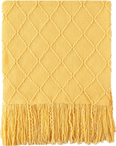BATTILO HOME Yellow Throw Blanket with Fringe, Gold Bed Throws Spring Decorative Large Throw for Couch Sofa Indoor Outdoor (Yellow, 52"x80") - color: Mustard, size: 52 x 80 in.