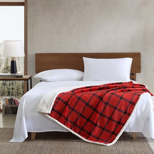 Eddie Bauer - Throw Blanket, Brushed Fleece & Plush Sherpa Soft Bedding, Blanket for Couch & Bed (Bunkhouse Plaid Red, 50" x 60") - color: Bunkhouse Plaid Red, size: 50" x 60"