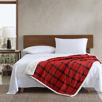 Eddie Bauer - Throw Blanket, Brushed Fleece & Plush Sherpa Soft Bedding, Blanket for Couch & Bed (Bunkhouse Plaid Red, 50" x 60") - color: Bunkhouse Plaid Red, size: 50" x 60"