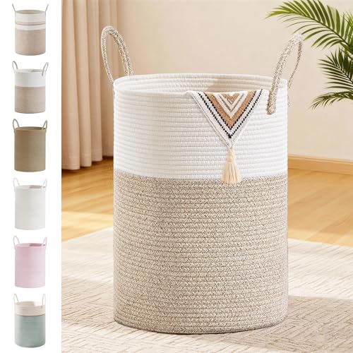 72L Large Tall Cotton Rope Laundry Basket with Handles, Brown | Storage Bin for Clothes, Blankets & Kids Toys, Boho Woven Hamper, Portable Organizer for Nursery, Bedroom, Living Room - color: Brown, size: 72L