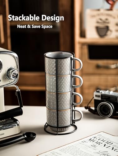 Gomakren Stackable Coffee Mugs Set of 4 Coffee Cups with Stand, Light Gray | 13oz Ceramic Embossed Grid Mugs, Black Metal Storage Rack, Lead-Free Dishwasher Safe, with Gold Spoons for Home Coffee Bar - color: Light Gray