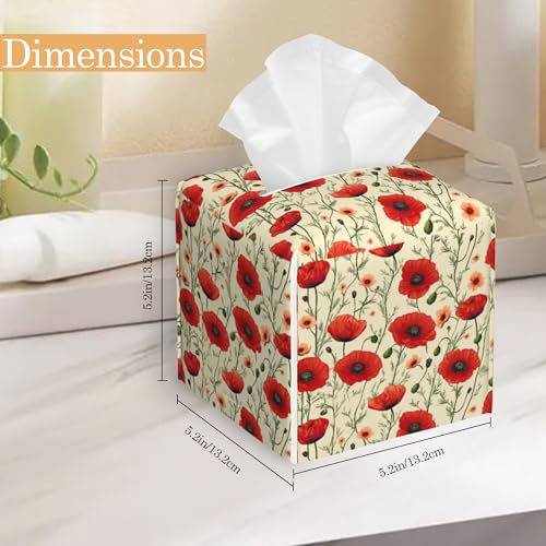 Leather Tissue Box Holder Retro Poppy Flowers Tissue Box Cover Square Waterproof Holder Organizer Modern Napkin Holder for Bedroom Dresser Night Stand Office Desk - color: Retro Poppy Flowers
