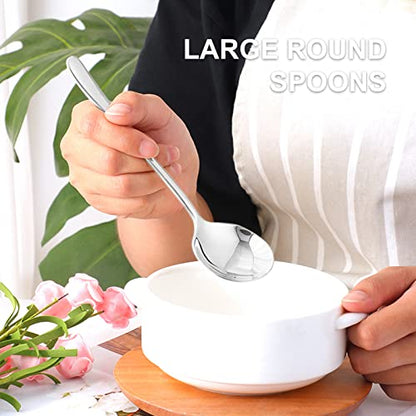 4-Piece Round Stainless Steel Bouillon Spoon Soup Spoons, Stainless Steel Large Round, Heavy-Weight Deep Bowl Spoon Set, Dinner Spoons for Soup Grain Dessert Milk, Dishwasher Safe - size: 4 pcs Silver