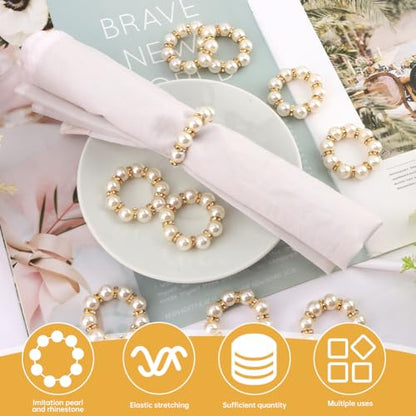 60 Pcs Pearl Napkin Rings Set - Elegant Faux Rhinestone Beaded Napkin Holders, Serviette Buckles for Cloth Napkins, Weddings, Banquets, Holiday Dinner Parties & Table Decor