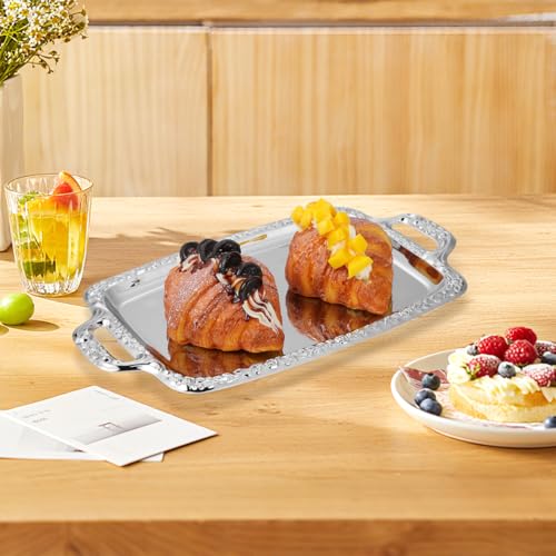 Metal Serving Tray, Silver Large Rectangular Antique Serving Platter, European Retro Style Tray for Cookies, Charcuterie, Snacks, Desserts, Fruit, Party Food (39. 00x23. 00x1. 70cm)