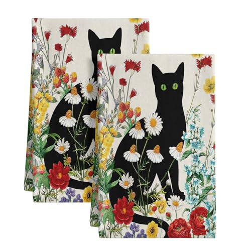 Flower Cats Kitchen Towels Set of 2 Dish Towels Kitchen Hand Towels Machine Washable, Lightweight Style, for Women, New Home Celebration, Kitchen Decor Home Decorations - color: Cat in Flower