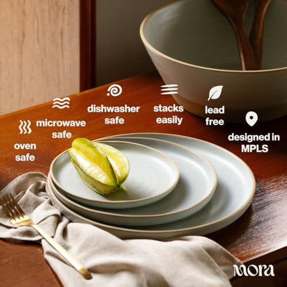 MORA Medium Plates Set of 4, 8.5 inch Ceramic Pottery Salad Plates - Microwave, Oven and Dishwasher Safe - Horizon - color: Horizon
