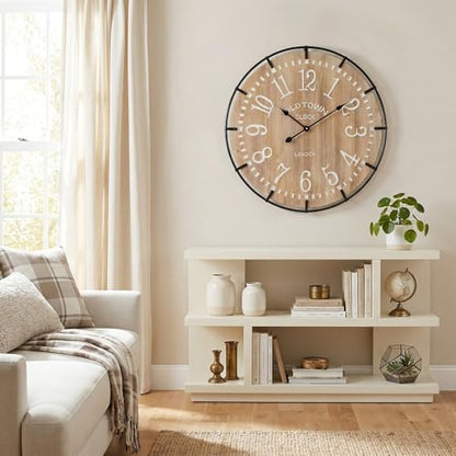 EMAX HOME 24 Inch Large Farmhouse Wall Clock - Rustic Antique Wood, Silent Battery Operated Clock for Office Kitchen Bedroom Living Room - color: Brown, size: 24 Inch Arabic numerals