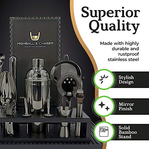 Highball & Chaser 13-Piece Cobbler Cocktail Shaker Set: Black Polished Stainless Steel Bartender Kit for Home Bar Set | Laser Engraved Tools Plus E-Book with 30 Recipes - color: Gunmetal