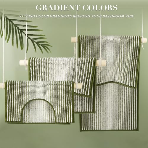 Bathroom Rugs Sets 3 Piece, Toilet Rugs U-Shaped Contour Bath Mat Set, Striped Absorbent Non Slip Chenille Shower Mat, Sage - color: Sage, size: 20"x32"+16"x24"+U Shape 20"x24"