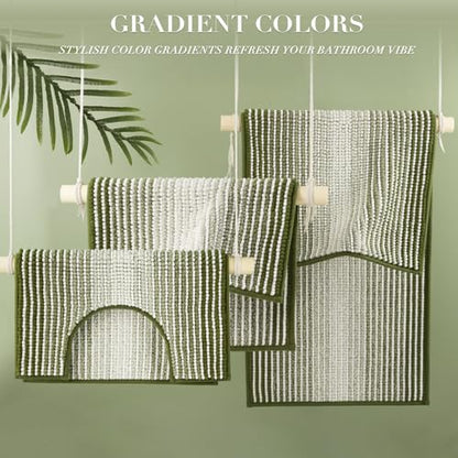 Bathroom Rugs Sets 3 Piece, Toilet Rugs U-Shaped Contour Bath Mat Set, Striped Absorbent Non Slip Chenille Shower Mat, Sage - color: Sage, size: 20"x32"+16"x24"+U Shape 20"x24"