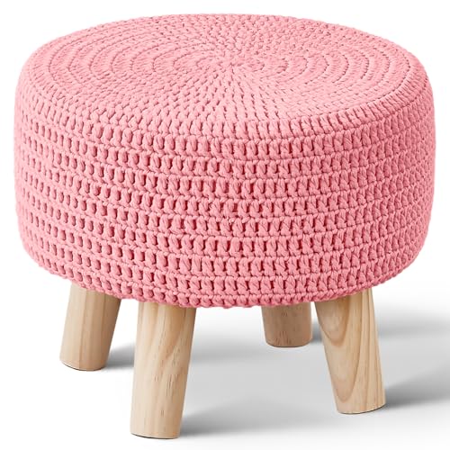 Wimarsbon Pouf Ottoman, 100% Cotton Knitted Boho Footstool, Round Footrest with Non-Skid Wood Legs, Home Décor Handmade Pouffe, Leisure Floor Step Stool for Living Room (Pink) - color: Pink