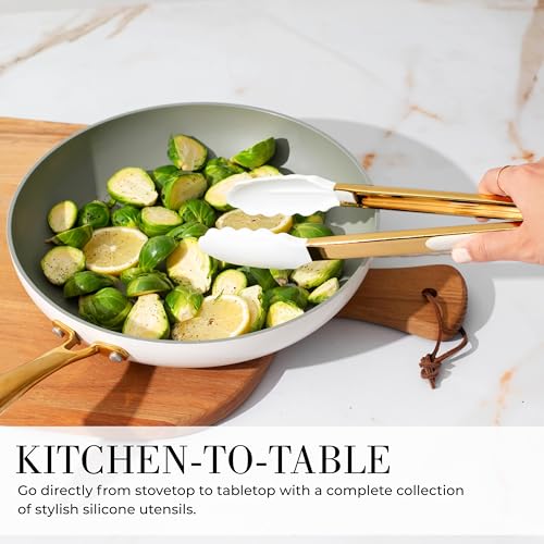 Styled Settings White and Gold Kitchen Utensils Set with Holder, 15-Piece | Nonstick BPA-Free Silicone Cooking Utensils with Measuring Cups and Spoons - Luxury Kitchen Accessories for Stylish Cooking - color: 15 Piece White & Gold