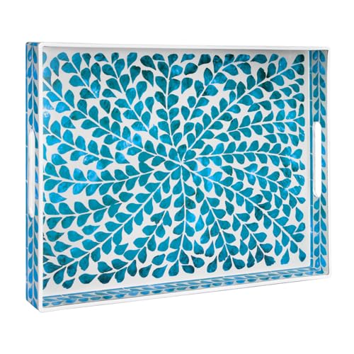 Plastic Serving Tray with Handles, Rectangle Blue Decorative Tray | Coffee Table Tray, Rectangular Sticker Tray with Leaf Pattern, Modern Melamine Tray for Bathroom, 15.7"L x 10.2"W x 1.57"H - color: Rectangular - Blue - Leaf, size: 15.7" x 10.2" x 1.6"