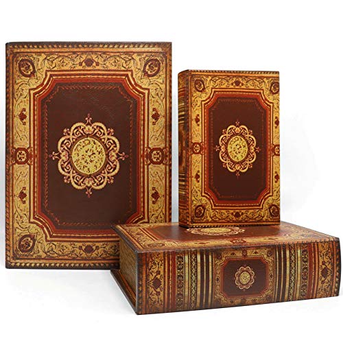 Jolitac Decorative Book Boxes World Map Pattern Antique Book Invisible box with Magnetic cover, Faux Wood Set of 3 Storage Set (Classic) - color: Classic