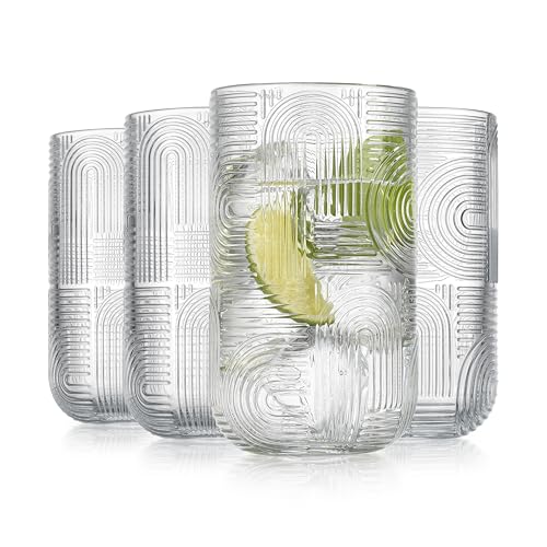 Glaver's Drinking Glasses, Highball Glasses, 17 Ounce Thick Embossed Designed, Set of 4 Clear Kitchen Glassware For Everyday Elegant Serving Coolers, Urban Pattern Modern Drinking Glasses - color: Clear, size: 17 Ounces