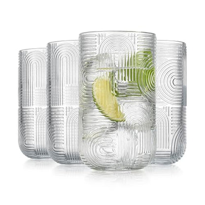 Glaver's Drinking Glasses, Highball Glasses, 17 Ounce Thick Embossed Designed, Set of 4 Clear Kitchen Glassware For Everyday Elegant Serving Coolers, Urban Pattern Modern Drinking Glasses - color: Clear, size: 17 Ounces