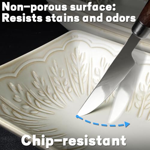 Appetizer Plates Set of 4, 8.25" Embossed Ceramic Rectangular Dessert Plates, Deep Lipped Edges, Microwave & Dishwasher Safe, Salad Sushi Snack Serving Plates (White, Wheat Leaf) - color: White (Wheat Leaf), size: 8.25 inch