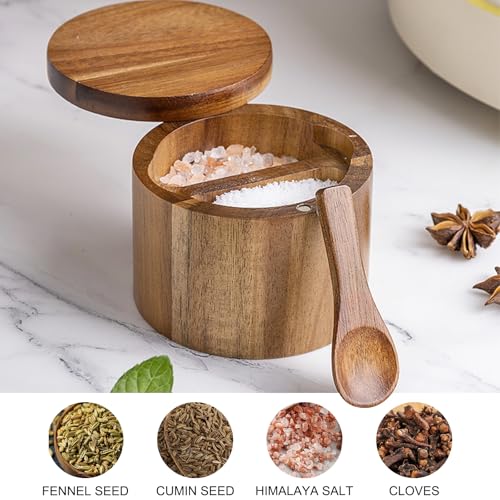 Acacia Salt Cellar with Dual Compartments, Wooden Salt Box, Kitchen Spice Keeper, with Magnetic Swivel Lids, for Salt and Pepper or Spices