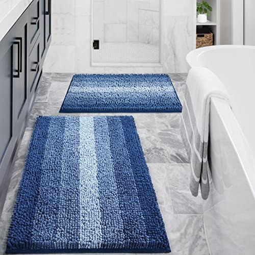 Blue Bathroom Rug Set 2 Piece, Chenille Non Slip Bath Mat Set, Absorbent Shower Rug and Bath Room Floor Mats, Quick Dry Bathmat Bathroom Decor Accessories for Tub, 16" x 24", 20" x 32" - color: Blue, size: 16" x 24" + 20" x 32"