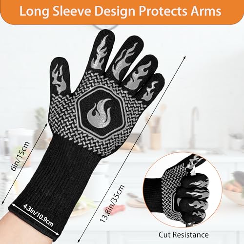 BBQ Gloves 1472F Heat Resistant Non-Slip Silicone 13.5in (Grey) | Grill Cut-Resistant, Oven Kitchen Safe for Barbecue, Cooking, Frying - color: Gray